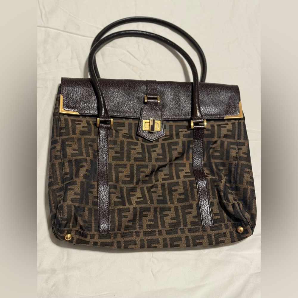 Fendi tobacco Zucco canvas and textured leather large Linda satchel